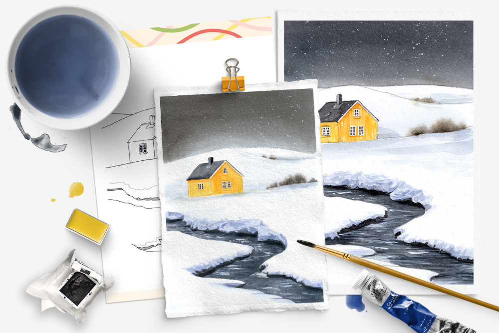 Malen mit Aquarell: Malvorlage Landschaft mit gelben Haus