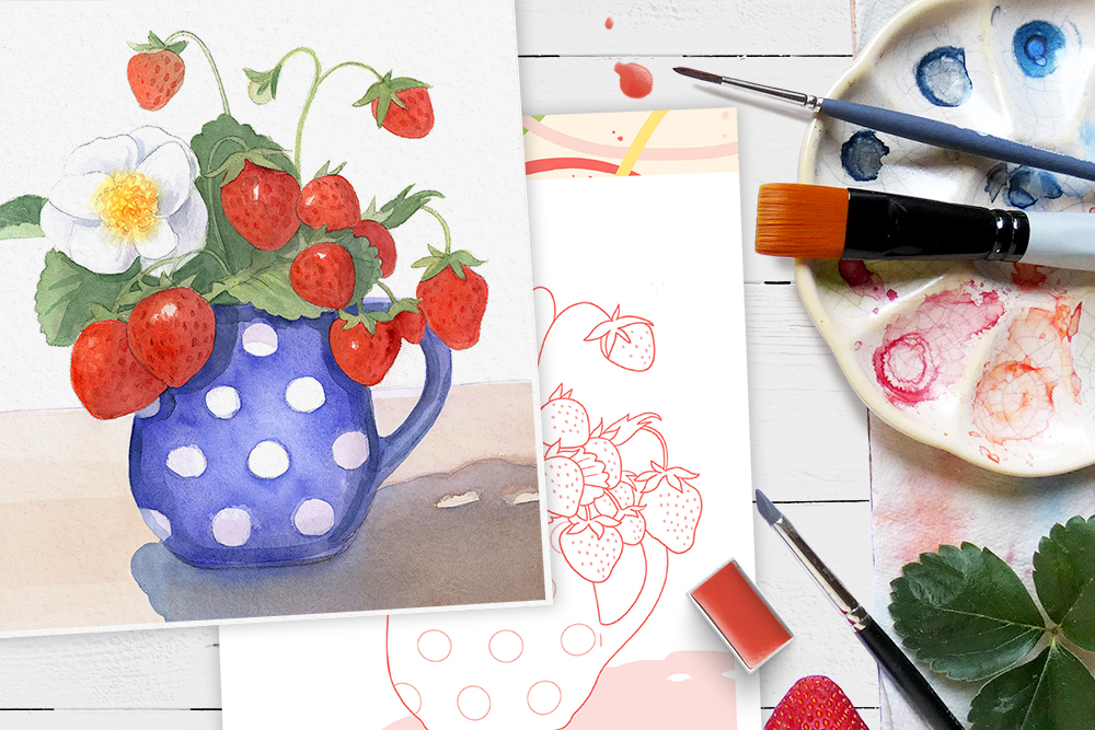 Malvorlage Erdbeeren und Aquarellbild mit Erdbeeren